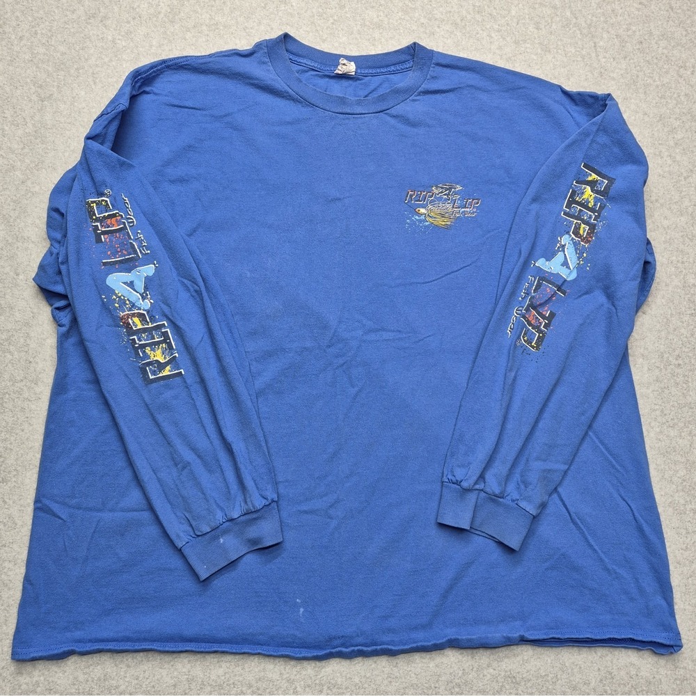 Vintage Rip a Lip Long Sleeve Graphic T-Shirt Mens 4X Blue Bass Fish Alstyle Y2K